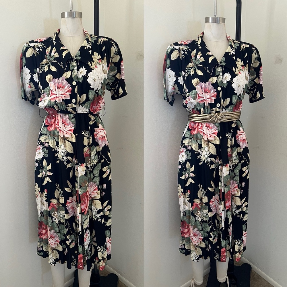 Vintage Carol Anderson Dark Floral 80s does 1940s style dress sz 8